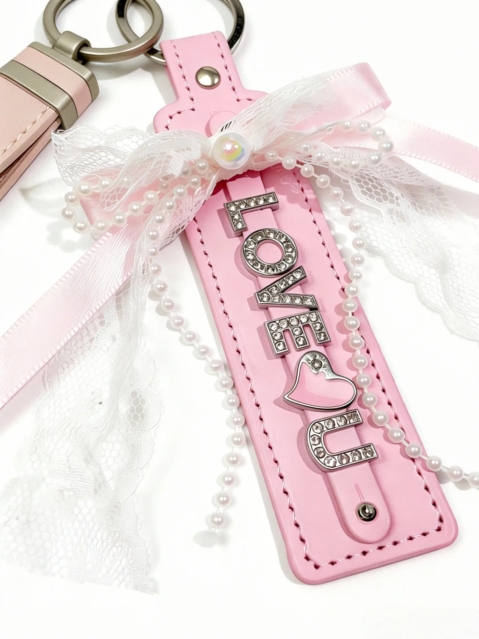 Love U Pink Leather Keychain with Crystal & Lace Decorations Soft Pink Leather Elegant Gift Idea for Stylish Accessories