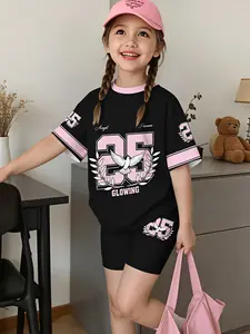 Angel No. 25 Printed Two-Piece Set: Preppy T-shirt + Black Shorts, Energetic Street Style, Comfortable Fabric, Casual Everyday Set for Girls Ages 3-11