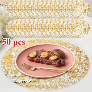50 pieces of gold foil pressed circular placemats -13 inches, disposable, elegantly designed, suitable for dining tables, weddings, dinners, birthday parties, holidays, making it the perfect choice for home dining table decoration, coaster tableware