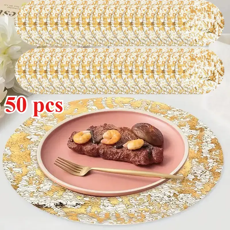 50 Metallic Gold Foil Pressed Round Disposable Place Mats -13in Glam Design, Suitable for Weddings, Thanksgiving, Anniversary, Home Dining Table Decoration, Coaster Tableware