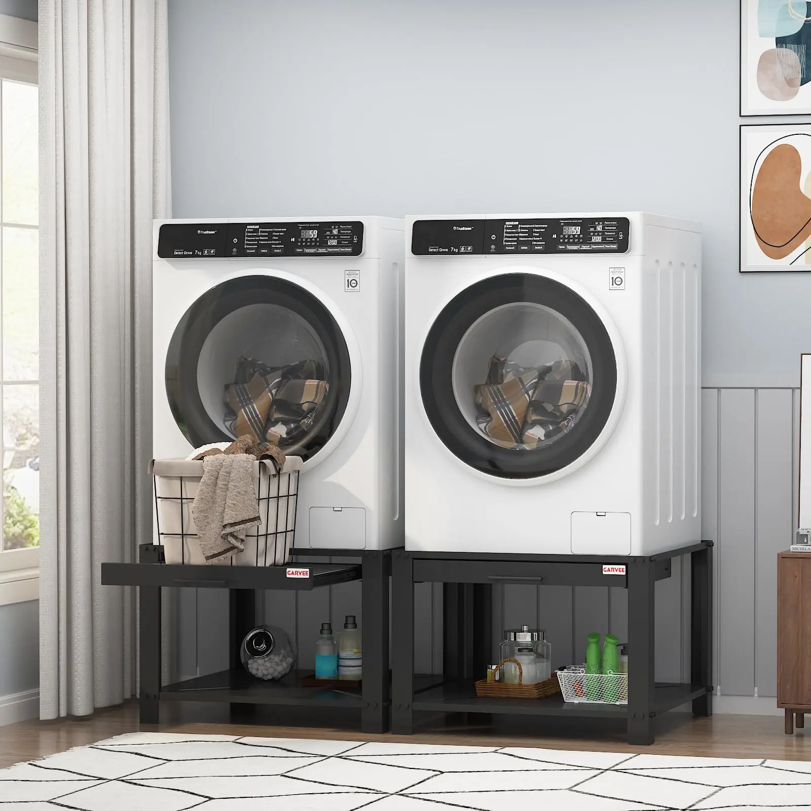 Garvee 29" Heavy Duty Metal Washer Dryer Stand with Pullout-Shelf, Pedestal Universal Fit Anti-Vibration Washing Machine Stand with Base Storage, 800 lbs Capacity, Black