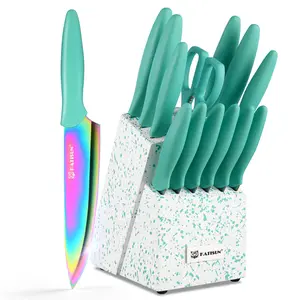 14 Pcs Color-Coded Titanium Coating Kitchen Knife Set, Rust-Resistant, Ultra-Sharp Knife Collection includes Wooden Knife Block and a Kitchen Shears, ideal for Home and Restaurant Use Top Choice for New Year Gifts