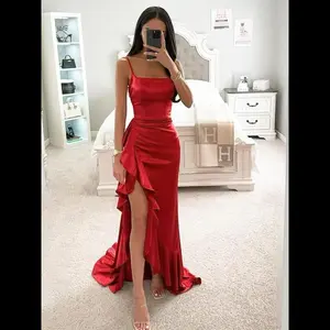 Women's Plain Ruched Backless Split Thigh Cami Dress, Elegant Asymmetrical Ruffle Hem Zipper Back Evening Party Gown, Capri Sun Dress, Dresses for Women, Ladies Clothes for All Seasons Valentine's Day, gift