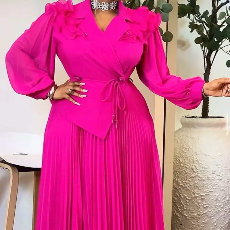 Women's Belted Pleated A-Line Maxi Dress, Long Sleeve Bishop Sleeve Wrap Blazer Gown, Elegant Formal Evening Occasion Dress