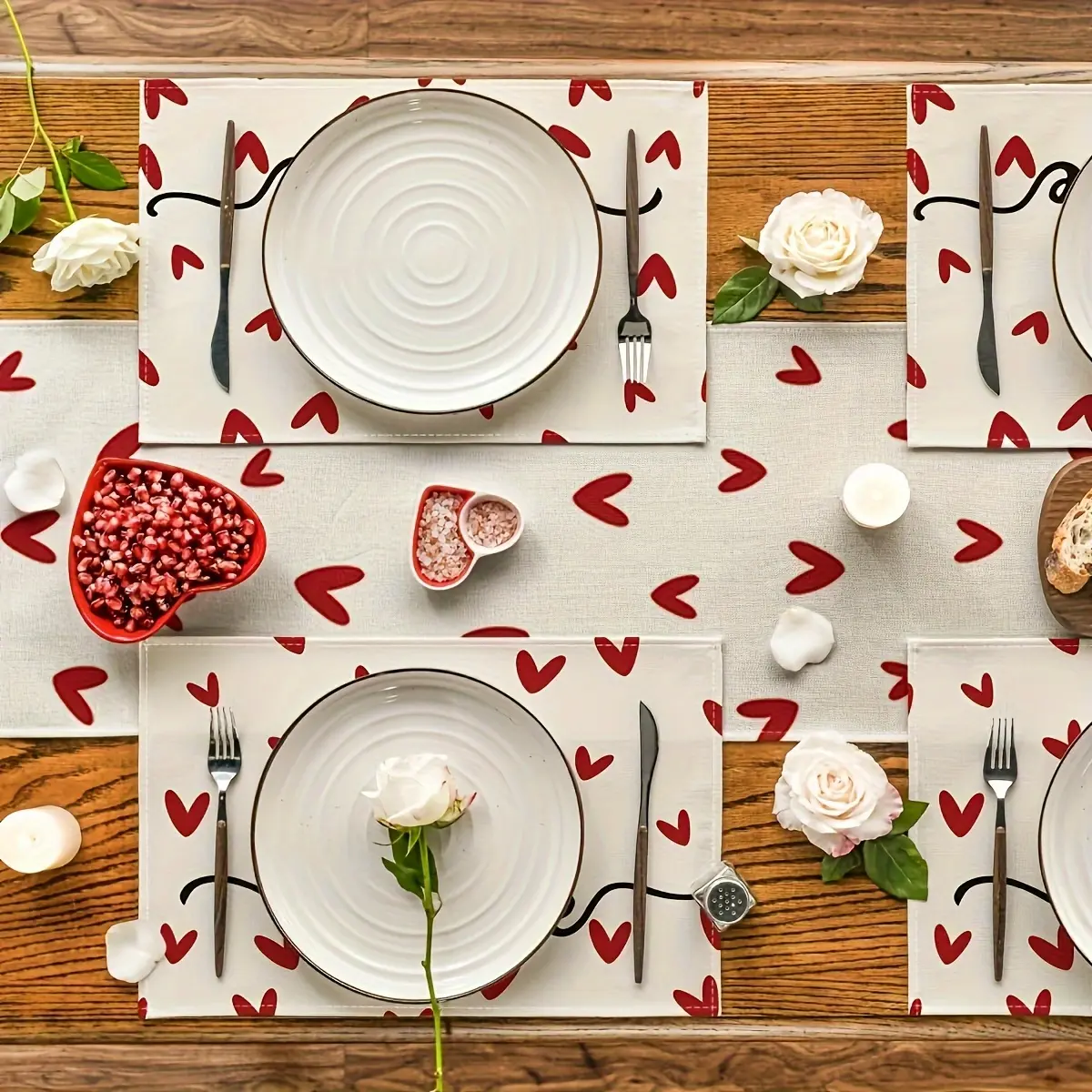 Romance Valentine's Day Natural Linen Heart-Shaped Tablemat Set - 5-Piece (Placemats, Runner, Coasters) Holiday Home/Cafe Decor Gift for Loved Ones, Festive Party Essentials, Five Pieces