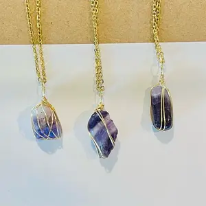 Genuine Amethyst Healing Crystal Wire Wrapped Necklace for Women - Purple Crystal