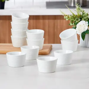 6pcs & 12pcs, 5.4 Oz Oven Safe Small Bowls, White, For Baking, Serving & Meal Prep,Dishwasher And Microwave Safe Type, Pure White Striped Style, Porcelain Ramekins For Baking,Thanksgiving Christmas Gift For Mother Father Women Men