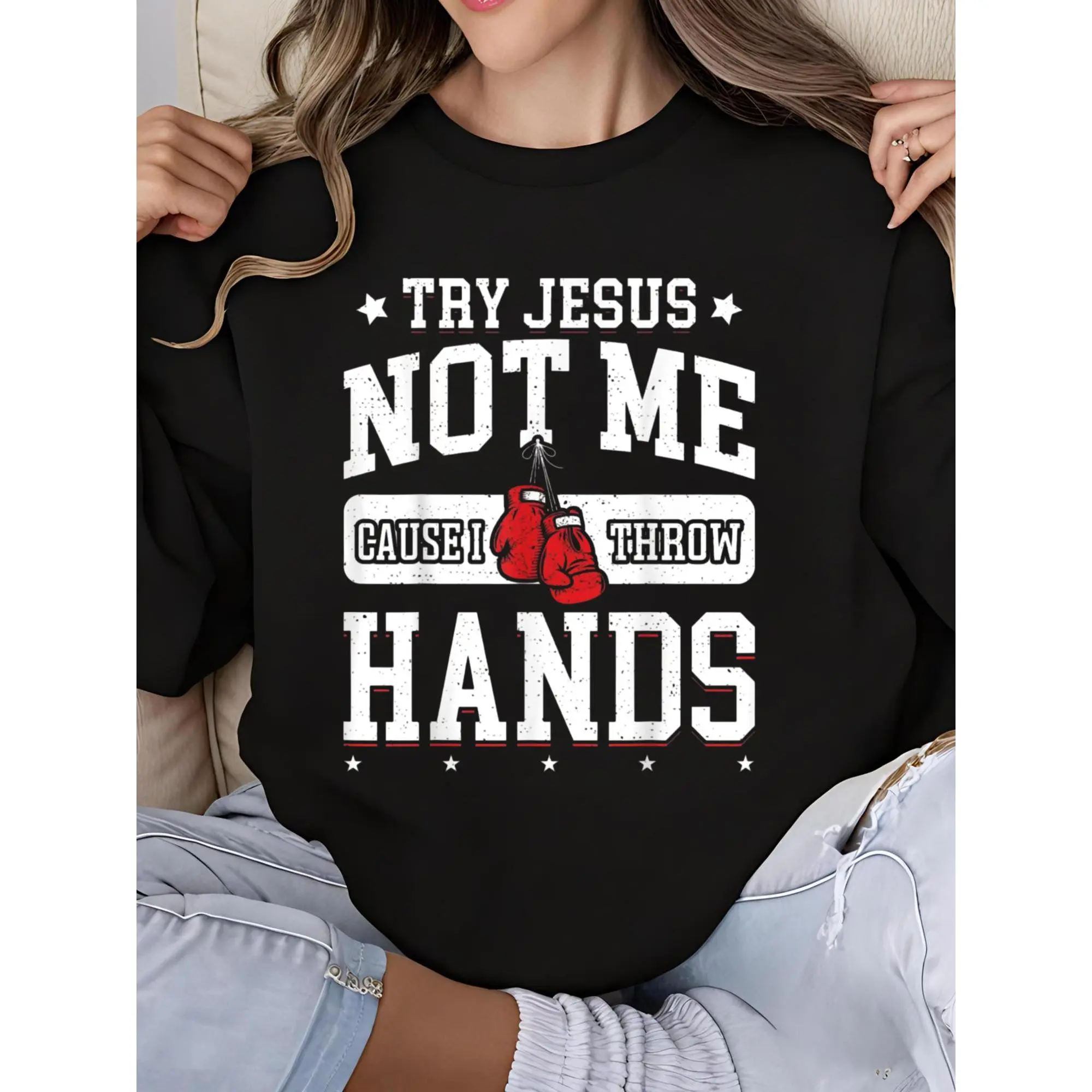 Women's Funny Boxing MMA Fight Crew Neck Long Sleeve Sweatshirt with Try Jesus Not Me Print Trendy Graphic Streetwear Casual Top for Women