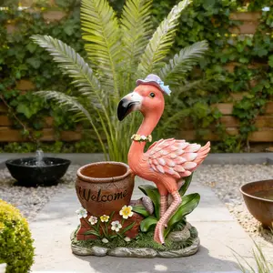Outdoor Garden Sculpture Flamingo Flower Pot Planter with Solar Light, Unique Yard Statue Decoration, Hand-Painted Waterproof Ornament for Patio, Lawn, Garden