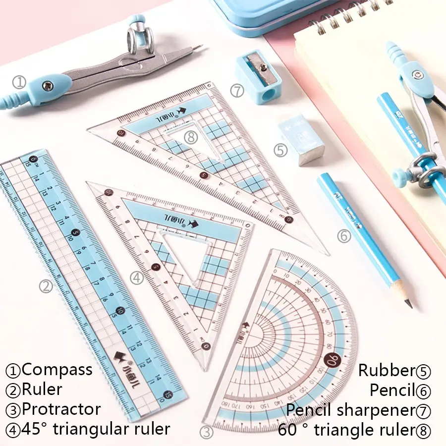 8 Piece Geometry Drawing Set with Metal Compass, Ruler, Protractor ...