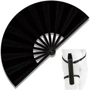 13" Large Folding Rave Fan with Holster, Clack Hand Fans Foldable for Line Dancing for Women Men Festival EDM Party Decoration, Black