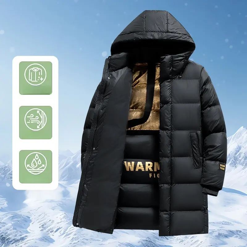 Autumn Winter Mid-Length Hooded Cotton Coat - Heavyweight Padded Thickened, Black Gold Graphene Inner Liner for Windproof & Outdoor Use Menswear Breathable jackets coat heated jacket classy outfits zip jackets Casual