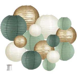 15-Pack Round Hanging Paper Lanterns in Gold, Ivory, and Sage Green – Elegant Rustic Decorations for Weddings, Bridal Showers, Birthdays, and Party Events