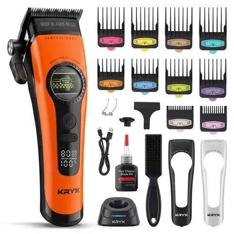 KRYX Cordless Outer-Rotor Motor Hair Clipper - Professional DLC-Blade, USB & Battery Rechargeable, Automatic Rechargeable Trimmers & Clippers, Skin Protection, Smooth Cut Hair Cutting Tool for Men Barber Equipment