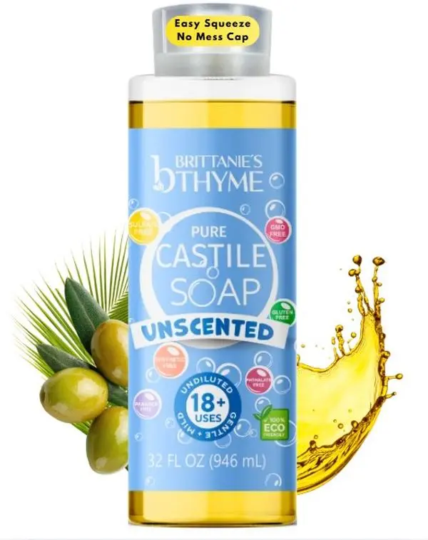 Brittanie's Pure Castile Unscented Cleaner, Coconut Oil Soap & Olive Oil Soap - Non-Toxic, All-Natural Moisturizing Formula for Adults' Sensitive Skin, Safe for Home & Laundry Use