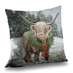 360 Stand 14x14 in. Poly Twill Highland Christmas Cow Print Throw Pillow - Soft Textile Furnishing, Farm Animals Themed Farmhouse Home Decor, Rustic Charm Accent, 14-inch Standard Animal-Inspired Pillows for Indoor Living Spaces, 14-Inch Standard Pillows