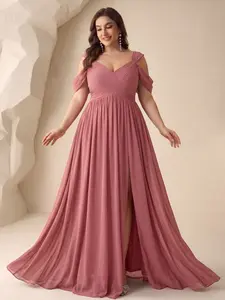 Plus Size Women's V-Neck Backless Waist Cinch Pleated High Split Skirt Dress, Elegant Chiffon Bridesmaid Party Evening Gown