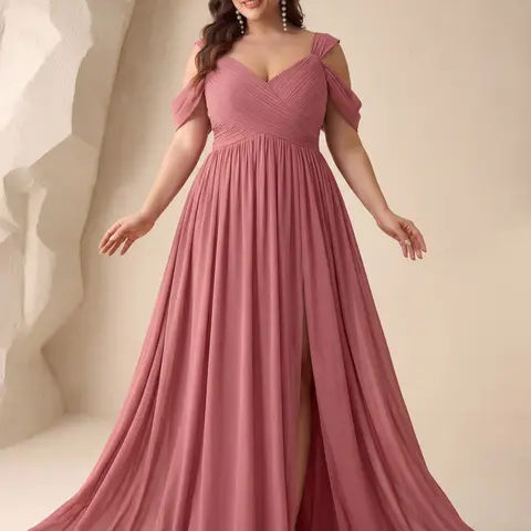 Plus Size Women's V-Neck Backless Waist Cinch Pleated High Split Skirt Maxi Dress Slit Formal Dress, Elegant Chic Lightweight Chiffon Bridesmaid Party Formal Evening Gown