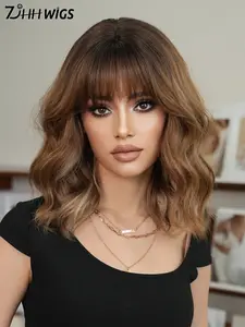 High-Quality 14 Inch Shoulder-Length Wavy Bob Wig with Bangs, Soft Heat-Resistant Synthetic Fiber, Elegant Bob Curly Wigs for Daily Use, Parties, Vacation, Stylist Friendly Wig