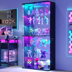 Dystler Tall Display Cabinet with Glass Doors, Rounded Curio Cabinet with Motion Sensor RGB Lights, 6-Tier Lockable Display Case for Collectibles & Action Figures, Trophy Case for Living Room