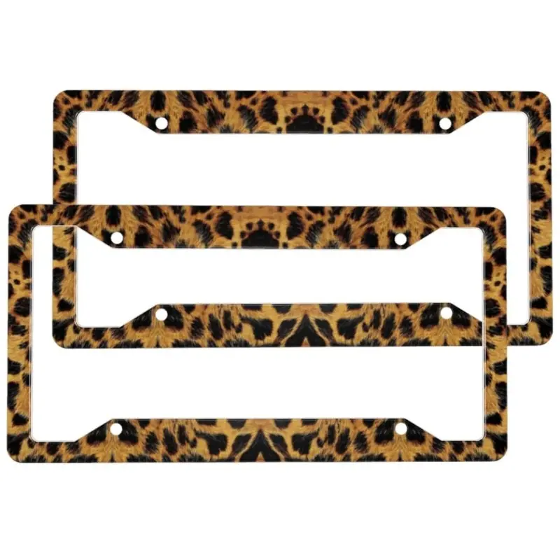 2pcs Funny Brown Black Leopard License Plate Frame Aluminum License Plate Holder Funny License Plate Decorative with Screws Size 12.2x6.3 Inch Men Women Car Accessories