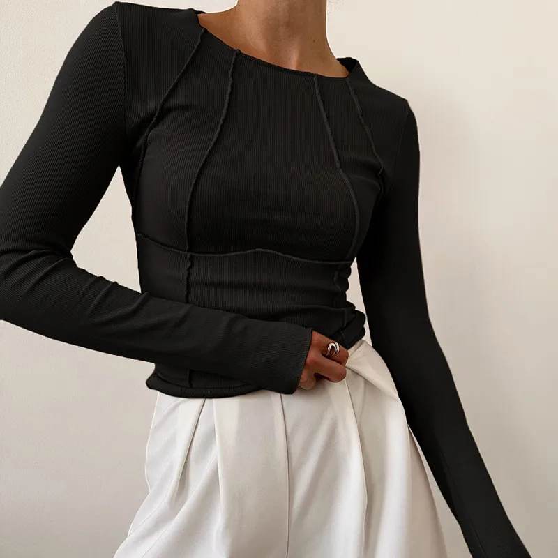 Slim Long Sleeve T-shirt Fashion Solid Color Split Thread Knitted Top Womens Clothing