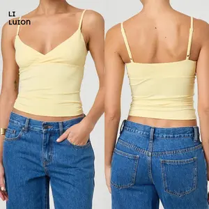 Women's Cropped Cami Tops Sleeveless Open Back V Neck Solid ColorFit Tank Tops Vest Red