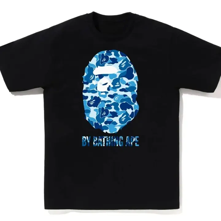 TRENDY Blue Camo Tee Short Sleeve Crew Neck Casual Summer T-Shirt with Iconic Ape Head Design and Plaid Pattern