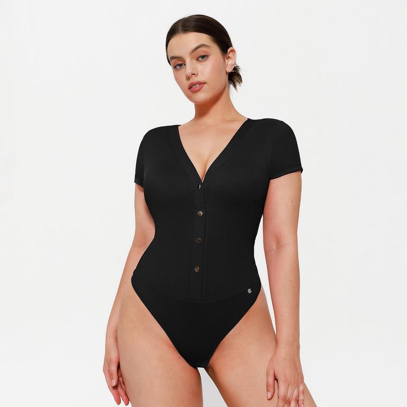 Popilush Shapewear Deep V-Neck Button Front Sculpting Bodysuit Adjustable Bra Elegant Elastic