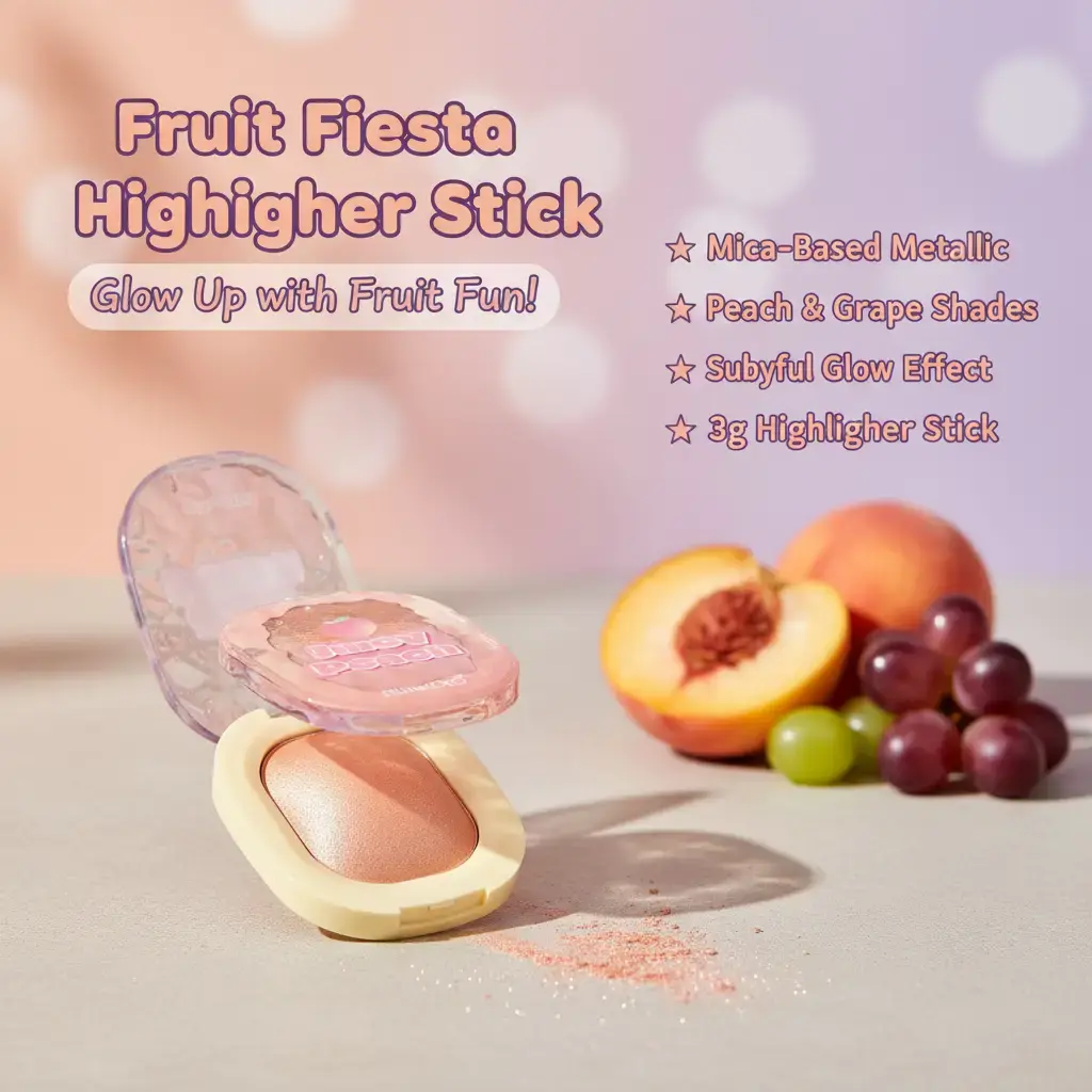 KEVIN&COCO Fruit Fiesta Highlighter, Playful Youth Cosmetic with a Mica-Based Metallic Glow, Peach & Grape Shades, 3g, Highlighter Stick, Makeup, Includes Mica, Subtle Glow, Single Item, Playful Fruit Theme, Adds Metallic Shine, Fruit Fiesta Theme