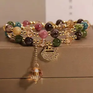 Vellmuse B Premium Double-Strand Rainbow Tourmaline Beaded Bracelet，Wearing natural gemstones brings you energy and wealth.