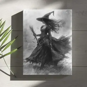Witch Pattern Framed Painting, 1 Count Creative Canvas Wooden Wall Art, Modern Wall Decor for Home Living Room Bedroom Study Room, Halloween