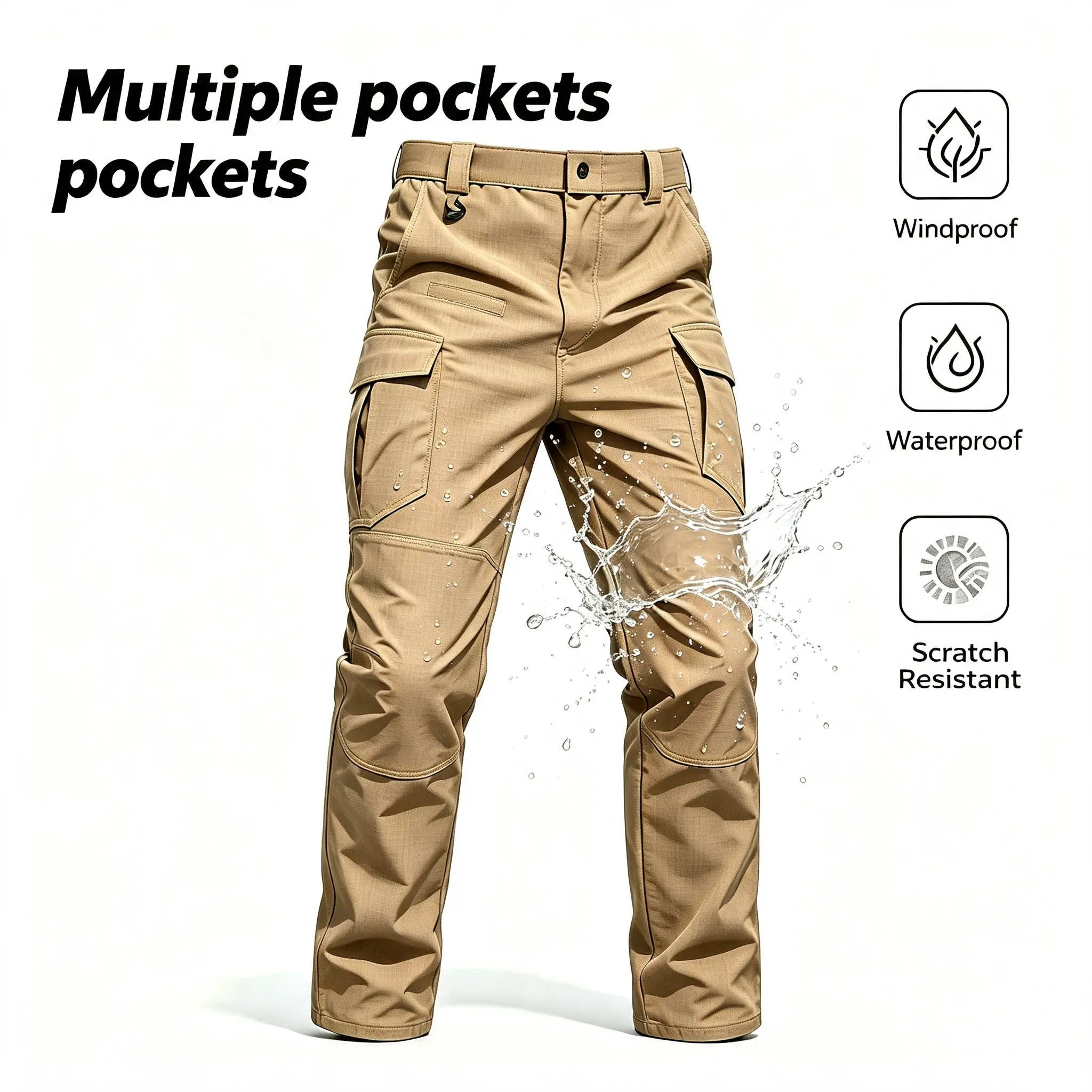 Men’s tactical cargo pants – rip-resistant, windproof, waterproof, scratch-resistant workwear with multiple pockets; non-stretch straight-leg long pants for outdoor hiking