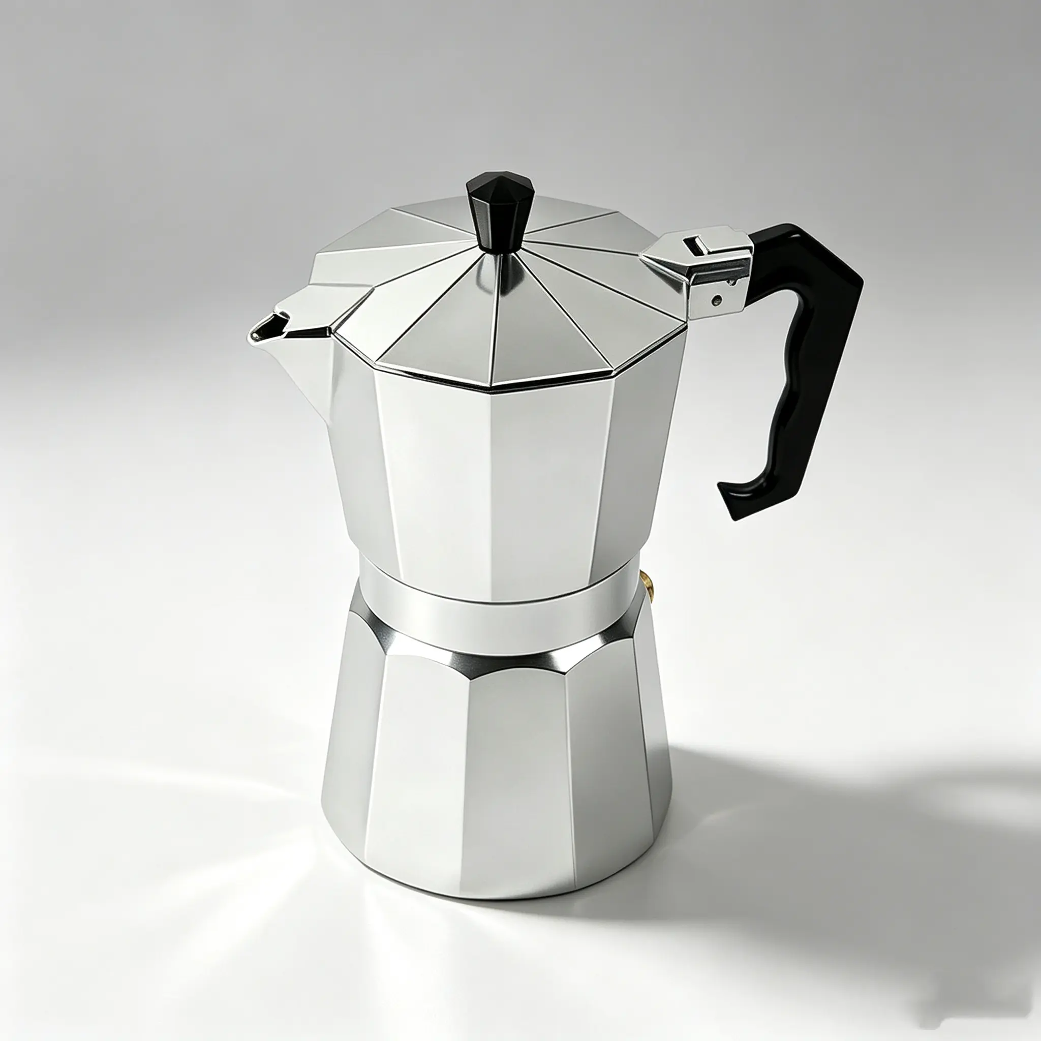 Traditional aluminum stovetop Moka pot—an Italian espresso maker—featuring heat-resistant, burn-proof handles and a built-in pressure safety valve; suitable for gas and electric stoves—perfect for camping and making lattes and coffee at home