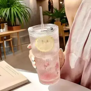 Large Capacity Vertical Striped Straw Glass Cup, Summer Water Bottle, Ice American Coffee Mug, Office Cold Drink Cup, Home Use