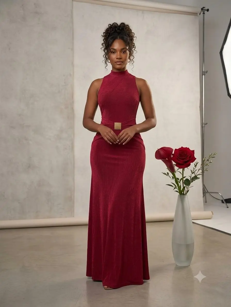 WENRY Lady's Chic High Neck Maxi Dress, Sleeveless Bodycon Evening Gown with Ruffled Waist, Floor-Length Formal Wear for Parties