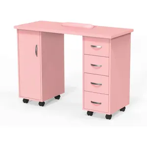 LEADZM Nail Desk for Nail Tech with Storage Cabinet, Locking Wheels & Arm Rest, Mobile Manicure Table for Technician, Nail Station for Home Studio/Spa/Salon, 43.3" L x 31.5" H x 17.7" W (Pink)