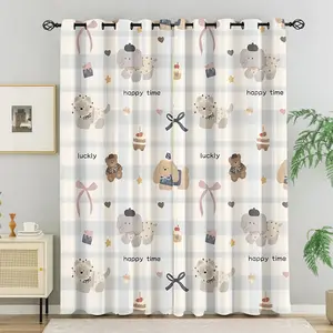 2-Piece Cute Blue Checkered Elephant, Kitten, and Bear Print Curtain Set—Perfect for nursery curtains and children’s classroom decor. Features adorable baby animal designs, is easy to install and machine washable, and offers 50%–70% light-blocking fabric.