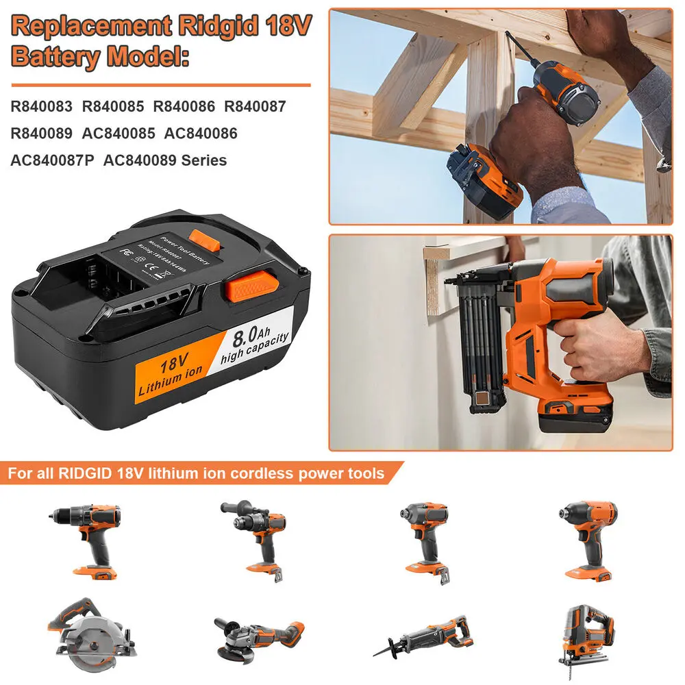 18V Lithium Ion Cordless Tool Battery (8.0Ah/6.0Ah) for Ridgid R840085, High-Quality Accessory Compatible with Ridgid R840087 R86091 18V Lithium Ion Cordless Power Tools, Lithium Ion Battery
