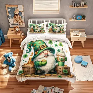 3pcs St. Patrick's Day Bedding Set with Leprechaun Duvet Cover and 2 Pillowcases, Polyester Clover and Gold Coin Print for Bedroom