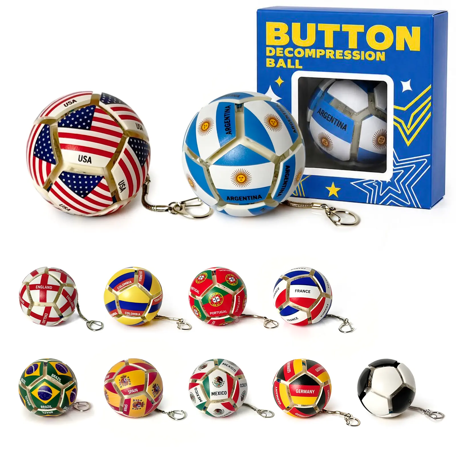 HXD-ERGO Soccer Fidget Keychain, 12-Sided Pressable Football Stress Relief Keychain, Clickable Sensory Anxiety Relief Accessory, Removable Modular World Flag Design, Collectible Gift for Soccer Fans & Sports Lovers
