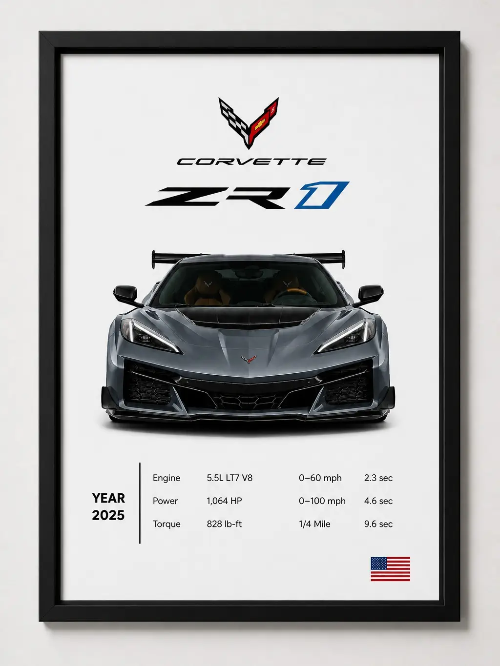 Corvette ZR1 Graphic Prints Luxury Black-Framed Sports Cars Wall Art, Artistic Indoor Decoration, Bedroom Pictures, Creative Wall Art Gift for Car Lovers, Home Decor Accent