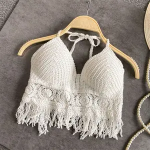 Women's Halter Neck Crochet Crop Top with Fringe Detail for Summer Fashion Color White