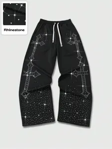 Unisex Rhinestone Casual Pants, Water Drill Decoration, Star Letter Pattern, Street Style, Trendy for Daily Wear, Casual Fitted Pants, Casual Streetwear Pants