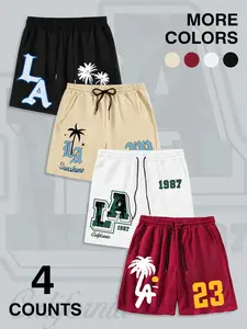 4-Pack LA Los Angeles Palm Tree Print Tropical Drawstring Shorts | West Coast Streetwear Menswear Casual Summer Shorts Set Graphic Print Shorts