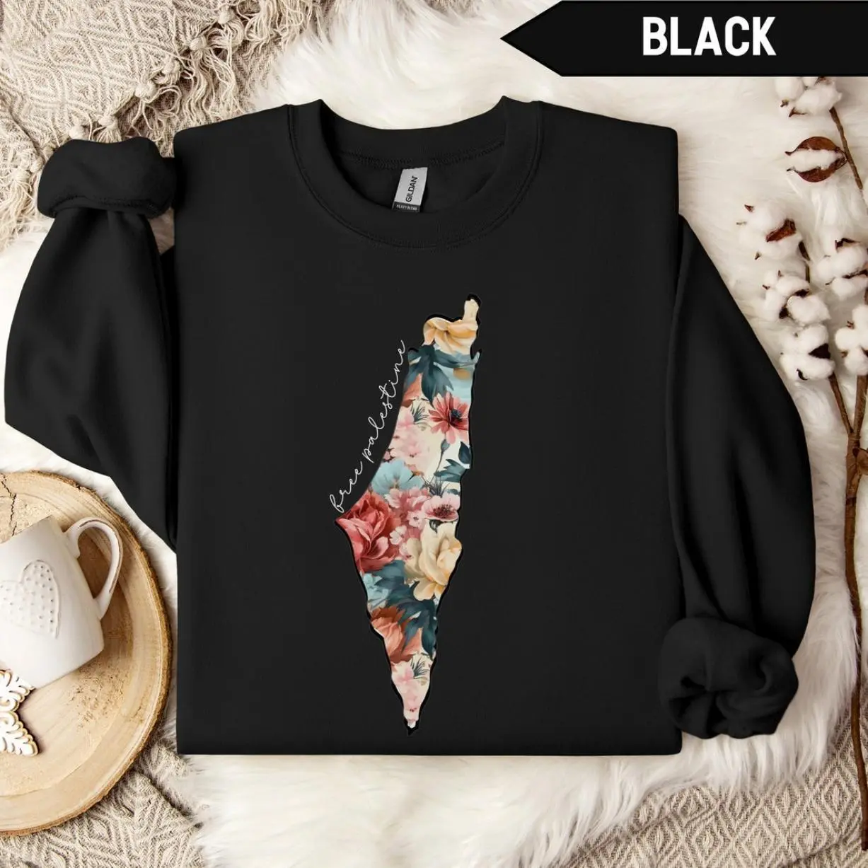 Free Palestine Shirt, Palestine Map Floral Shirt, Palestine Independence Crewneck T-shirt Unisex Cotton Regular Size S-3XL Hoodie Menswear