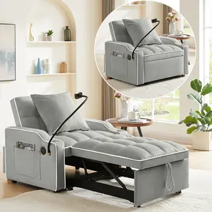3 in 1 Single Sleeper Sofa Chair with Pullout Bed, Convertible Pull Out Couch with Adjustable Backrest, Modern Chaise Lounge with USB Port for Living Room, Small Spaces, Velvet
