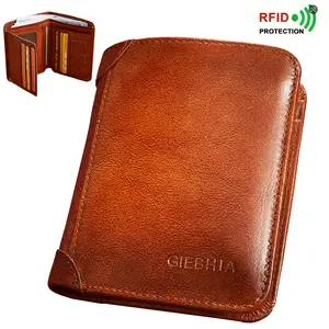 GIEBHA Men's RFID Top Cowhide Leather Wallet Classic Tri-fold Design with 2 ID Windows 11 Credit Card Slots Durable Retro Short Multi-function Credit Card Holder Perfect Gift