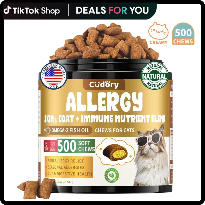 Cudory Cat Allergy & Immune Support Chewables - Real Chicken Flavor, 500 Chews, Pumpkin, Spirulina, Chinese Yam, Probiotic Blend, Fish Oil, Gut Health, Skin & Coat, Itching Relief, Cranberry, 24 Months Shelf Life, Results In 2-4 Weeks