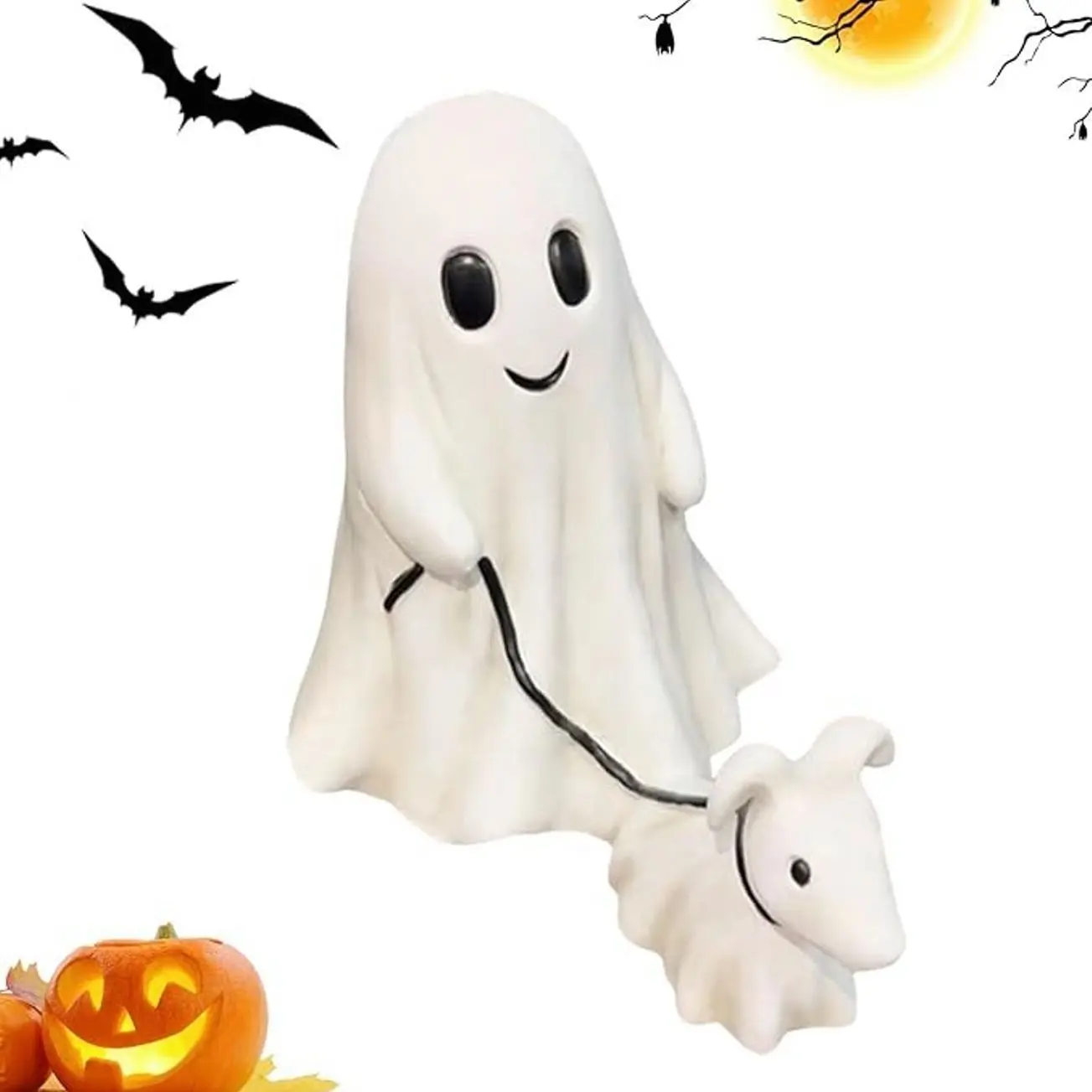Ghost Walking Dog Figurine, Resin Halloween Tabletop Decor, Spooky Cute Ghost Statue, Seasonal Home Ornament for Shelf or Desk, 1 Piece